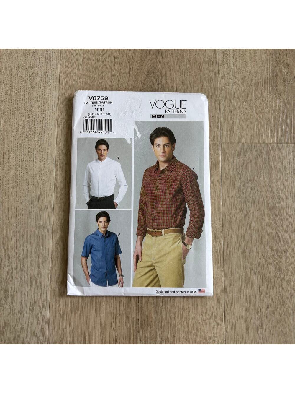 Vogue NEW Men's Shirt Pattern Number V8759 Sizes 34-36-38-40